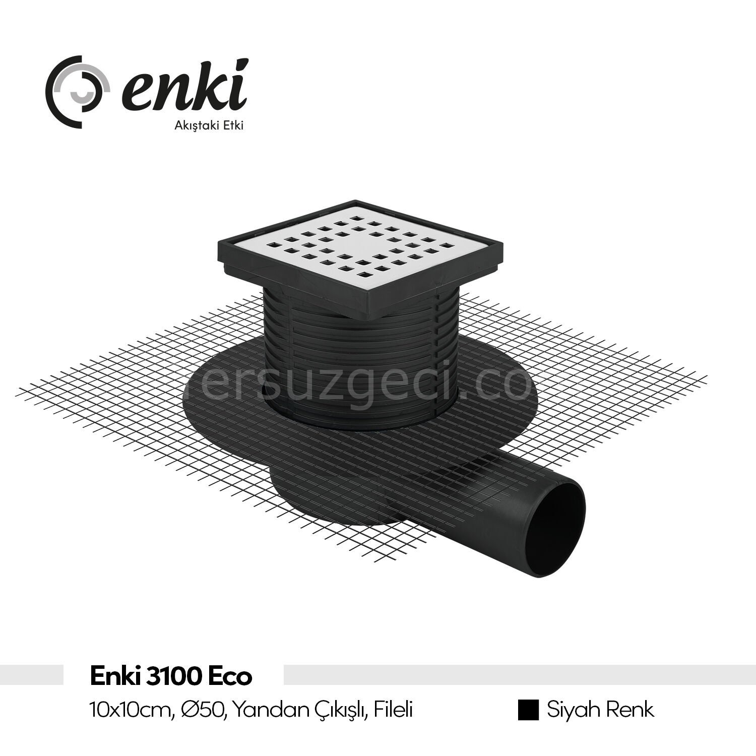 ENKİ 3100 Eco - 10x10cm, Ø50, Yandan Çıkışlı (Siyah, Fileli)