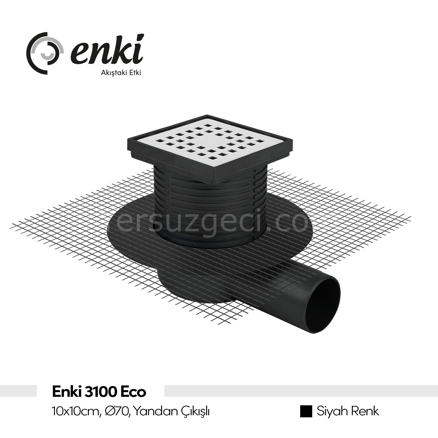 ENKİ 3100 Eco - 10x10cm, Ø70, Yandan Çıkışlı(Siyah, Fileli)